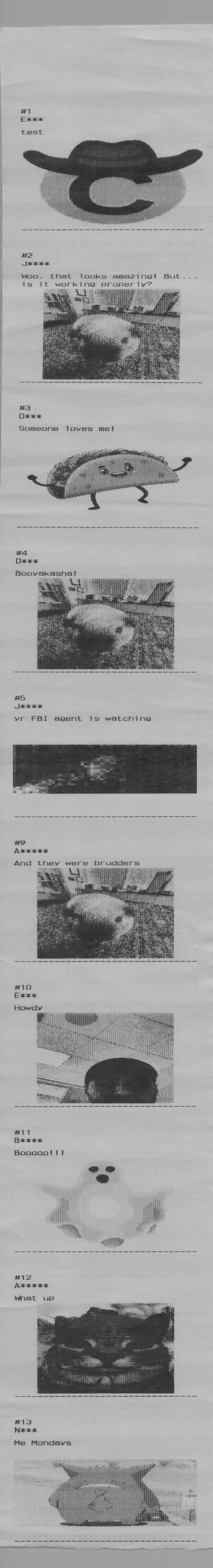 The rest of this page is one very long thermal-printer receipt full of strange meme images, random photos (some of me talking during the presentation), various pets, and people congratulating me on the talk or advertising something